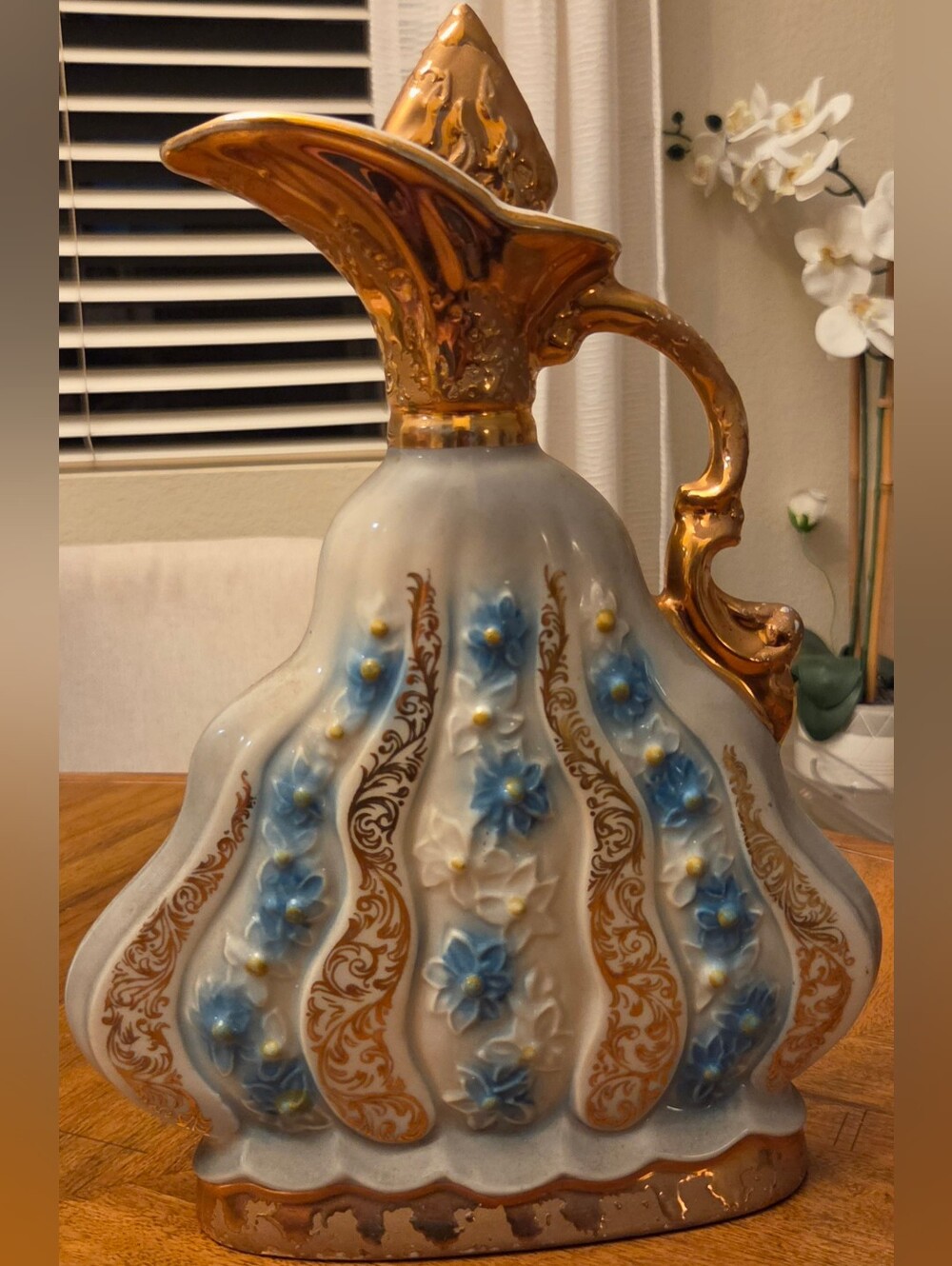 Vintage Jim Beam Regal China Decanter Blue Floral Gold Ewer Liquor Bottle